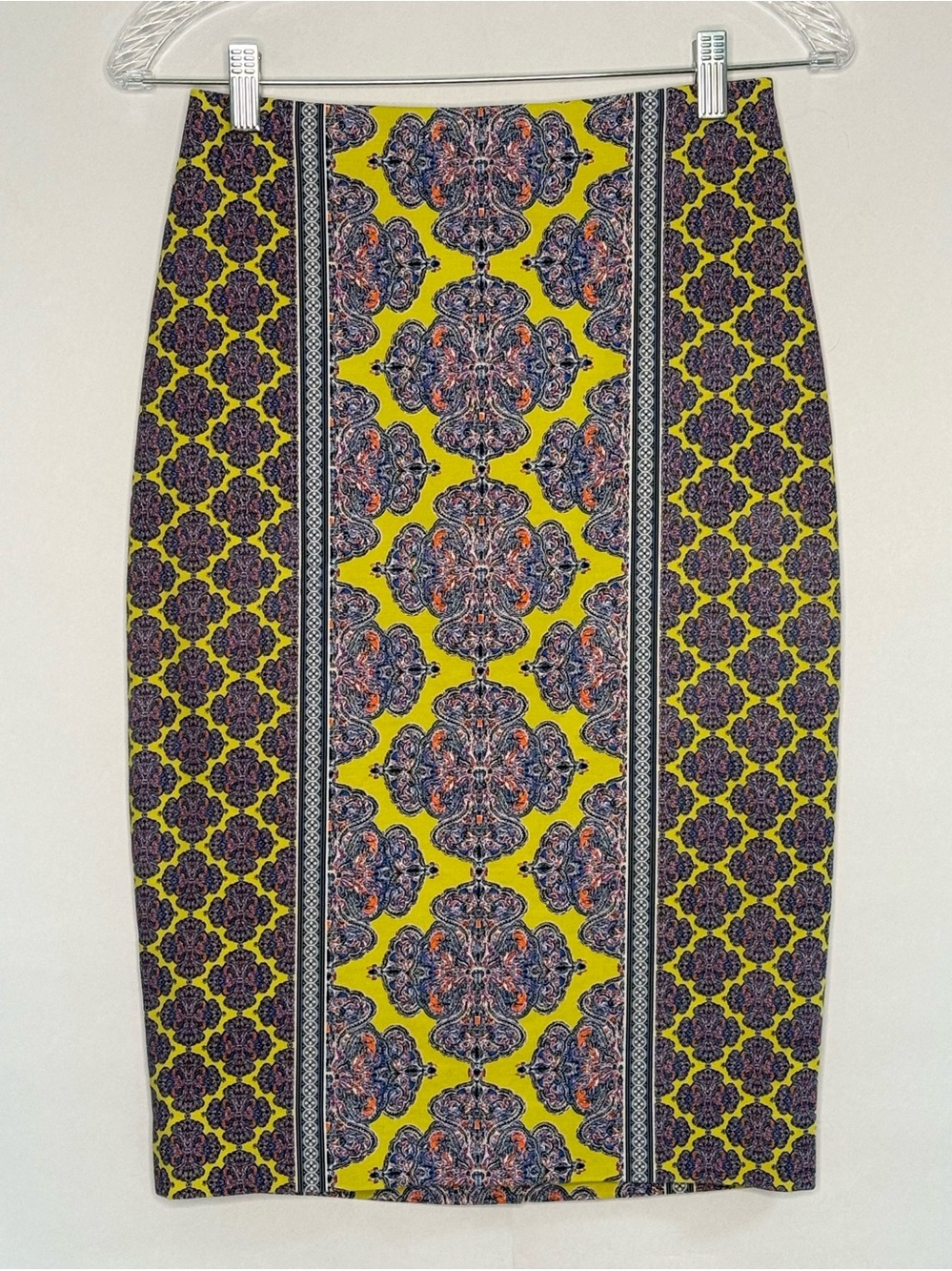 Kaleidoscope Printed Pencil Skirt in Chartreuse, Purple and Navy